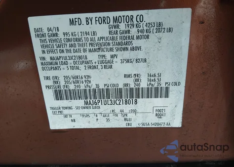 2018 Ford Ecosport Se z USA, uszkodzony, nr VIN MAJ6P1UL3JC218018